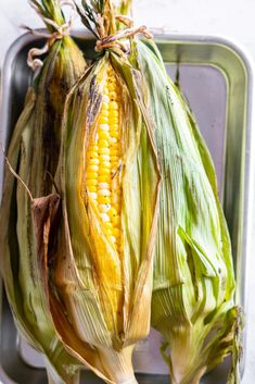 two corn on the cob in a metal container