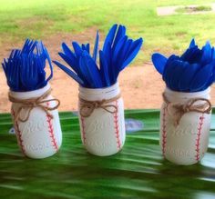 three jars with baseballs tied to them are sitting on a green tray in the grass