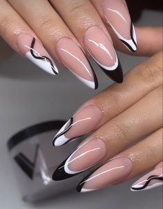 Black And White Nails Classy, Almond Nails Designs Black And White, French Black And White Nails, Black And White Nails Almond, Black And White Almond Nails, Black And White Acrylic Nails, Black And White French Tip, Tuxedo Nails