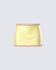 Even in a dream, you’re too good to be true  💛 Crafted from soft satin fabric, this cutesy yellow floral mini skirt is adorned with lace and rosette trimming for a look that’s suited for a princess 😌 Yellow Clothes, Yellow Fits, Yellow Skirt, Micro Mini Skirt, Too Good To Be True, Floral Mini Skirt, No Waste, White Jersey, Micro Mini