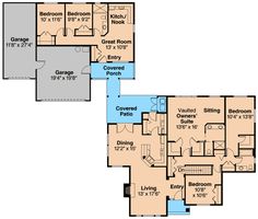 the floor plan for two story homes with garages and living areas in each section