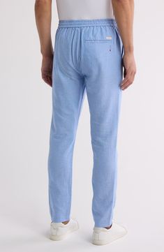 Designed with a modern slim fit and versatile hue, these flat-front pants are sure to keep you looking sharp. Elastic/drawstring waist; zip fly with button closure Front slant pockets; back welt pockets 67% organic cotton, 33% linen Machine wash, tumble dry Imported Casual Blue Slim Fit Pants, Blue Slim Fit Casual Pants, Casual Slim Fit Blue Chinos, Casual Slim Fit Blue Bottoms, Blue Straight Bottoms For Spring, Casual Blue Pants With Straight Hem, Fitted Straight Leg Pull-on Sweatpants, Casual Fitted Sweatpants With Straight Hem, Slim Fit Bottoms With Straight Hem For Summer