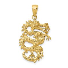 Pendant made in Peru. Measures approximately 31mm long by 17mm wide. Weighs approximately 3.54 grams. Features - Solid - Casted - 3-D - 14k Yellow gold - Textured Product Specifications - Material : Primary - Purity : 14K - Length of Item : 31 mm - Feature : Solid - Manufacturing Process : Casted - Material : Primary : Gold - Width of Item : 17 mm - Product Type : Jewelry - Jewelry Type : Pendants & Charms - Sold By Unit : Each - Pendant/Charm Type : Themed - Material : Primary - Color : Yellow Gold Dragon, Rose Jewelry, Dragon Pendant, Fine Jewellery Necklace, Gold Charm, High Quality Jewelry, Charm Pendant, 3 D, Solid Gold