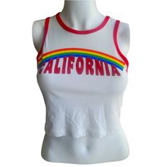 Nwt Forever 21 Crop Rainbow Graphic Tank Top Size Small Rainbow Graphic Design Sleeveless Crew Neck Red Trim Pit To Pit 14.5" Shoulder To Hem 16" 100% Cotton White Summer Racerback Tank Top, White Racerback Tank Top For Summer, Trendy Summer Tank Top Vest, Trendy Summer Vest Tank Top, White Racerback Crop Top Vest, White Racerback Vest Crop Top, Retro Sleeveless Summer Tank Top, Trendy Racerback Vest Crop Top, Retro Red Sleeveless Tank Top