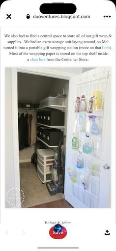 an open door to a small closet filled with items