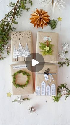 presents wrapped in brown paper and tied with twine are surrounded by evergreen branches, pine cones, star garlands and other holiday decorations