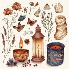 an illustration of various items that include candles and flowers