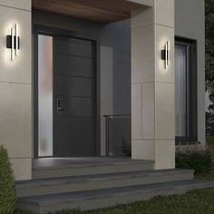 an entrance to a modern home with steps leading up to the front door and lights on either side