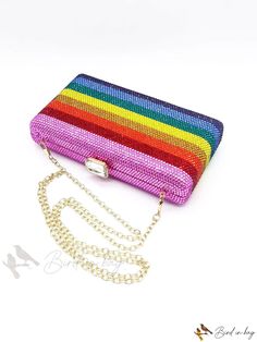 Bird in Bag - Handmade Rhinestone Clutch Purse with Multicolored Diamond Rainbow Design, Full Crystal Evening Bag for Women, Pom and Party Access Glamorous Multicolor Evening Bag For Party, Glamorous Multicolor Rectangular Evening Bag, Multicolor Rhinestone Evening Bag For Party, Multicolor Rhinestone Evening Bag For Events, Rainbow Rectangular Bag For Parties, Glamorous Multicolor Clutch For Party, Multicolor Rectangular Clutch With Rhinestones, Rainbow Rectangular Party Bag, Multicolor Rectangular Evening Bag With Rhinestones