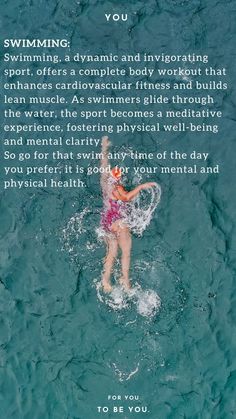 a woman swimming in the water with her arms raised above her head and text describing how to swim for your mental health