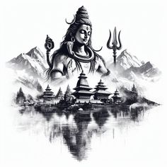 a drawing of a person standing in front of a body of water with mountains behind it