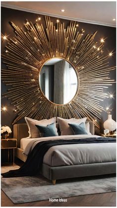 a bedroom with a large bed and a round mirror on the wall above it's headboard