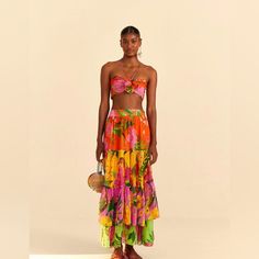 Amazing Crop Top & Skirt, New With Tags. The Tiered Look Is So Flattering Tropical Multicolor Floral Print Skirt, Cool Silhouettes, Pink Floral Top, Butterfly Blouse, Colorful Crop Tops, Strap Crop Top, Top Skirt Set, Crop Top Skirt, Romantic Garden