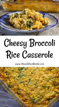 cheesy broccoli rice casserole on a blue and white plate