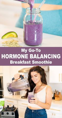 a woman pouring a smoothie into a glass with the words my go - to homemade balancing breakfast smoothie