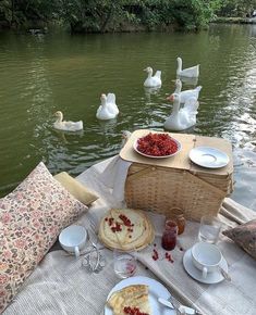 a picnic table with food on it and swans in the water