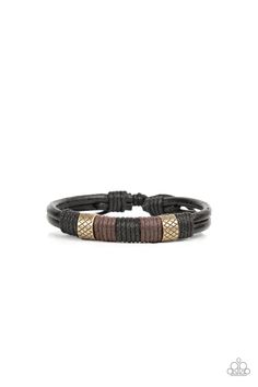 Paparazzi Accessories Bracelet: A rustic pair of textured brass beads are knotted in place with black and brown cording around the center of a black leather band, resulting in a rugged centerpiece. Features an adjustable sliding knot closure. Sold as one individual bracelet. P9UR-BRXX-048XX Forest Dweller, Sliding Knot Closure, Adjustable Sliding Knot, Brass Beads, Beautiful Bracelets, Brass Bracelet, Stretch Bands, Sliding Knot, Paparazzi Accessories