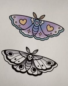 two butterflies with hearts on their wings, one is purple and the other is black