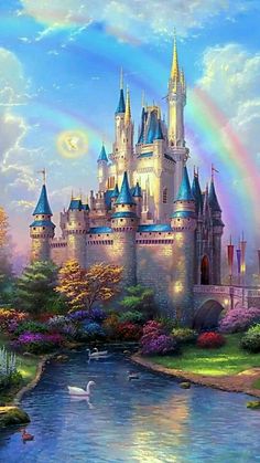 a painting of a castle with a rainbow in the sky and swans on the water