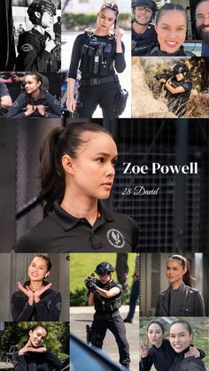 the collage shows many different images of people in black clothes and helmets, with one woman