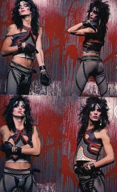 four pictures of a woman with black hair and piercings on her chest, wearing leather gloves