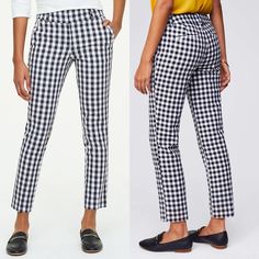 Loft Women's Black Gingham Riviera Pants In Marisa Fit Nwt Because Sunny Style Should Always Be Easy, Our Riviera Pants Make Every Day A Getaway. A Slightly Straighter Cut From Waist To Hip. Zip Fly With Hook-And-Bar Closure. Belt Loops. Slash Pockets. Back Welt Pockets. Outer Ankle Slits. 27" Inseam. Color: Black And White Casual Gingham Workwear Pants, Casual Gingham Pants For Workwear, Plaid Cotton Bottoms For Work, Chic Gingham Pants For Workwear, Gingham Trousers For Workwear, Plaid Cotton Workwear Bottoms, Fitted Gingham Bottoms With Pockets, Spring Gingham Workwear Bottoms, Gingham Ankle-length Workwear Pants