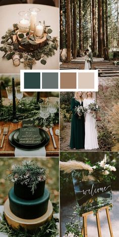 a collage of photos with green and white wedding colors, greenery and candles