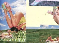 two pictures of people laying in the grass and one is holding a cell phone with her hand