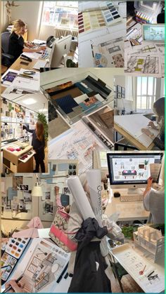 a collage of photos with people working at desks and in the background there are many different pictures