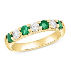 Boasting a shimmer she’ll love, this gemstone and diamond wedding band is a symbol of your devotion. Fashioned in warm 14K gold, this meaningful design features four 3.25mm verdant-green emeralds and three bright white diamonds - each 1/8 ct. in size - alternating along the shank. Sure to be cherished, this wedding band captivates with 3/8 ct. t.w. of diamonds and a brilliant buffed luster. Green Diamond Channel Set Rings, Green Emerald Ring With Round Diamond Band, Green Diamond Ring For Anniversary With Half Eternity Band, Green Diamond Half Eternity Ring For Anniversary, Classic Green Emerald Ring With Single Cut Diamonds, Green Diamond Ring With Single Cut Emerald Shape, Green Diamond Ring With Half Eternity Band, Green Diamond Ring With Round Band, Green Emerald Cut Diamond Ring With Single Cut Diamonds