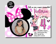 a minnie mouse birthday party with pink and white polka dots on the front, black and white