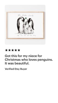 the penguin family christmas card is displayed in front of a white background with black and white lettering