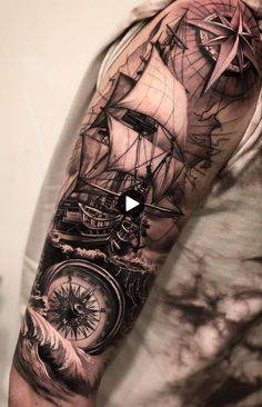 a man's arm with a ship and compass tattoo on it