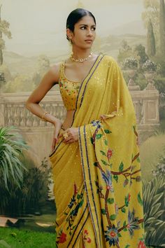 Yellow saree featuring sequin detailing with floral kalamkari print. Paired with a aari, resham and zardozi hand embroidered padded blouse. - Aza Fashions Kalamkari Print, Aari Blouse, Padded Blouse, Placement Print, Print Saree, Yellow Saree, Dupion Silk, Yellow Blouse, Yellow Fabric