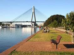 a park bench sitting next to a river with a bridge in the background and boats on the water