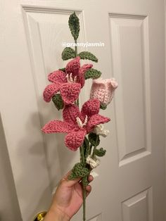 a hand holding a crocheted pink flower in front of a white door with green leaves