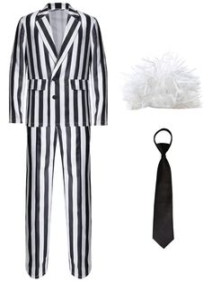 a black and white striped suit with a tie on the left, and a hat on the right