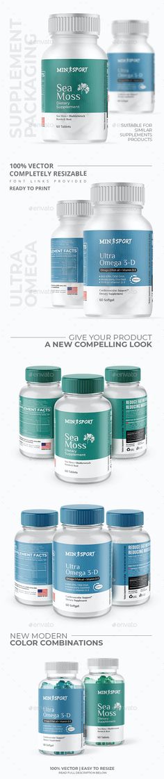 Sea Moss & Omega 3 Supplement Packaging by Plexa_Designs | GraphicRiver Sea Moss Packaging, Pharmaceutical Design, Supplement Packaging Design, Supplement Design, Dietary Supplements Packaging, Medicine Design, Health Branding, Food Brand Logos