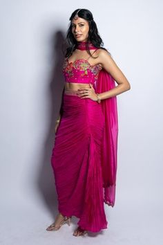 Shop for Punit Balana Pink Silk Gulaabi Gulaal Embroidered Blouse Draped Skirt Set for Women Online at Aza Fashions Fitted Side Open Lehenga For Party, Fitted Side-open Lehenga For Party, Fitted Sleeveless Pre-draped Saree For Festive Occasions, Fitted Sleeveless Pre-draped Saree For Festive Season, Fitted Pre-draped Saree With Side Open, Fitted Sleeveless Pre-draped Saree For Designer Wear, Fitted Pre-draped Sets, Fitted Sleeveless Georgette Blouse Piece, Fitted Sleeveless Blouse Piece In Georgette