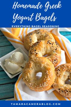 homemade greek yogurt bagels on a towel