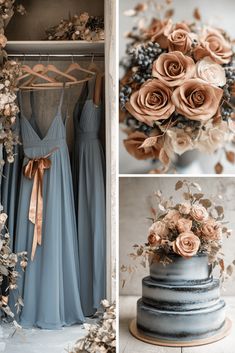 the wedding dress is blue and has peach roses on it, while the bridesmaid's bouquets are brown