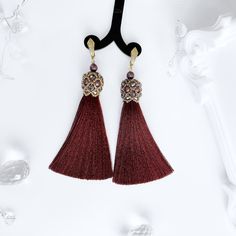 Gorgeous and original designer tassel earrings made of high-quality soft viscose in ripe cherry color with gold fittings and Swarovski pearls The earrings look spectacular and incredibly impressive on the ears, complement your fashionable image and make it more glamorous! The earrings are large and quite long, but very light! They are created using the weaving technique, braided with Japanese jewelry beads, using Czech glass, hypoallergenic fittings with inlay and coating. Very luxurious and ele Bead Tassel Earrings, Designer Tassels, Japanese Jewelry, Beaded Tassel Earrings, Handmade Box, Gifts For My Wife, Swarovski Earrings, Swarovski Pearls, Beaded Tassels