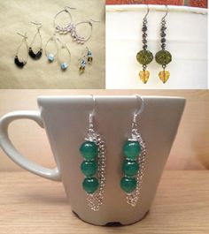 four different pictures of earrings on display in front of a cup with beads and chains hanging from it