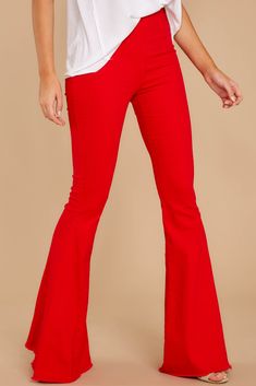 Red Flare Pants Outfit, Red Flare Pants, Flare Pants Outfit, Bell Bottom Pants Outfit, Red Pants Outfit, Super Flare Jeans, Red Flare, Red Dress Boutique, Flare Leg Jeans