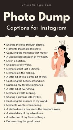 an info sheet with the words photo dump captions for instagrams and pictures