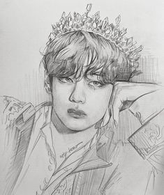 a pencil drawing of a boy with a crown on his head