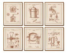 four framed drawings of coffee machines