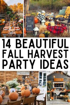 beautiful fall harvest party ideas with pumpkins, hay bales and other things in the yard