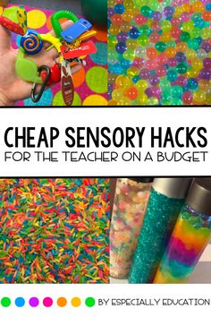 a collage of images with text that reads cheap sensory hacks for the teacher on a budget