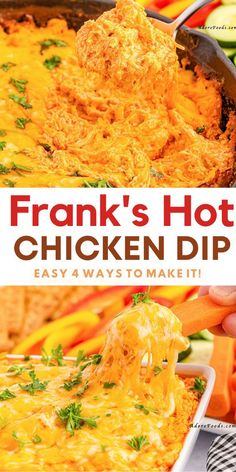 the cover of frank's hot chicken dip is being lifted from a casserole dish